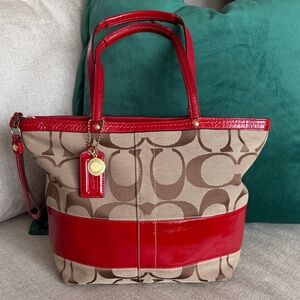 Coach Signature Cavas and Patent Leather Zipped Tote